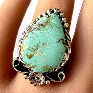 Native American Turquoise Ring Sz 7 Pear Flower Signed Lewis Sterling Navajo